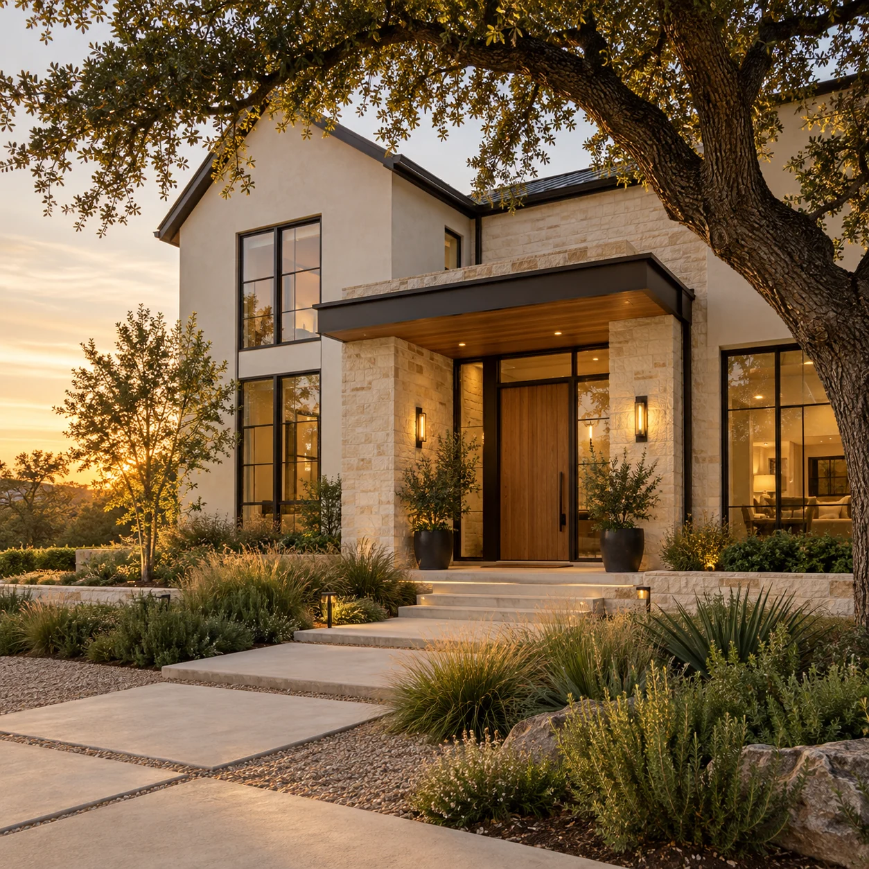 Conceptual contemporary limestone home with an oak tree in warm evening light